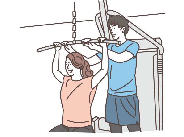 男性のトレーナーと器具を使う女性のイラスト